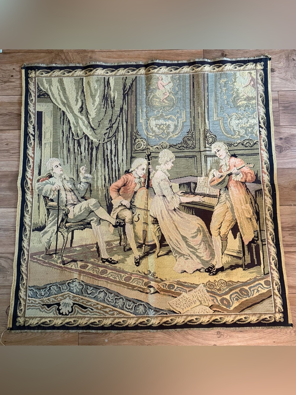 Vintage Woven Wall Tapestry Classical Music Concert Piano Cello Victorian Decor